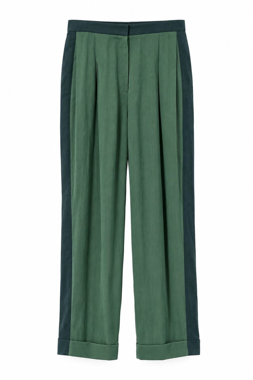 The Row Green Viscose Satin Tuxedo Stripe Wide Leg Trouser Pants Size 8 US Med